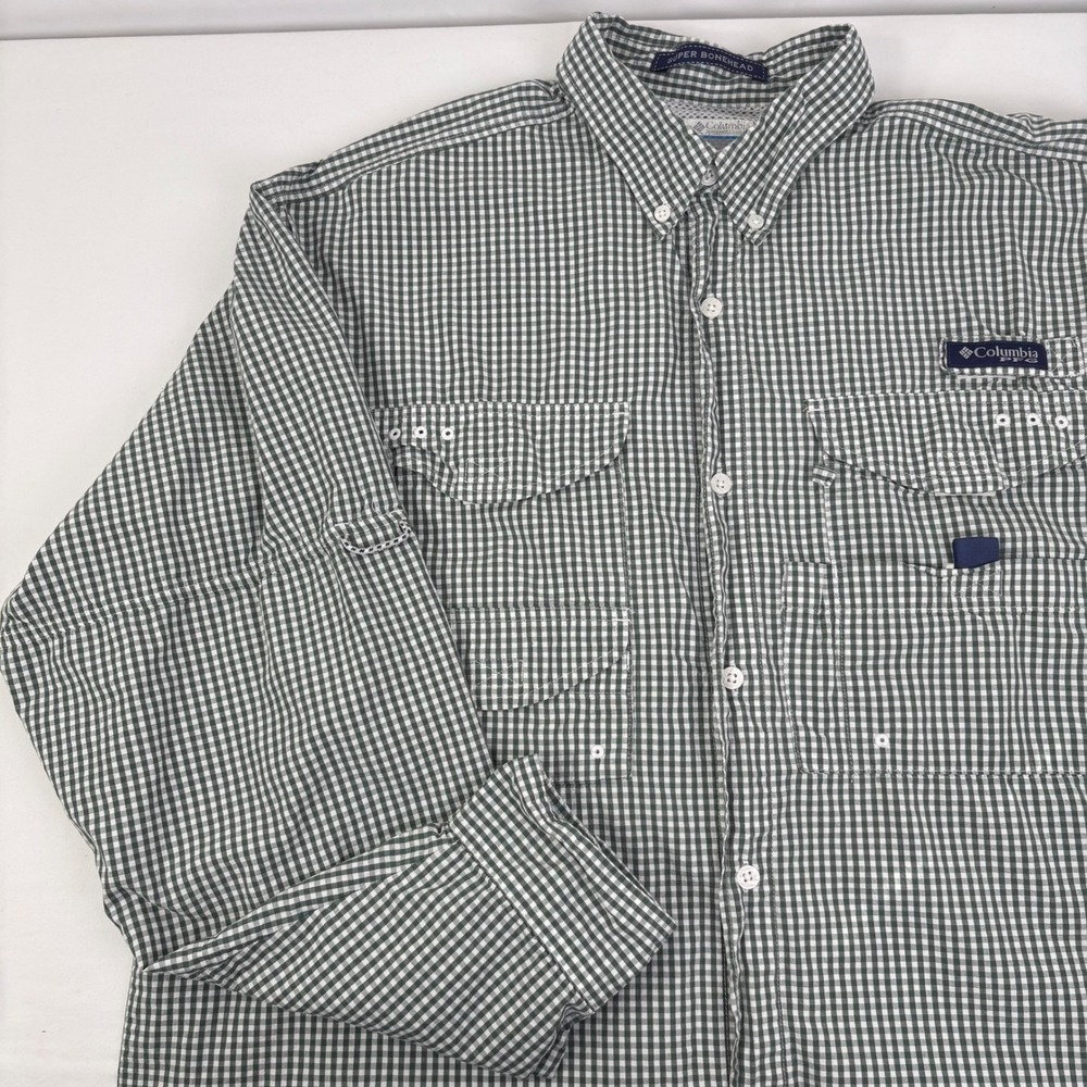 Columbia PFG Super Bonehead Long Sleeve Fishing Shirt Mens Medium Green Gingham